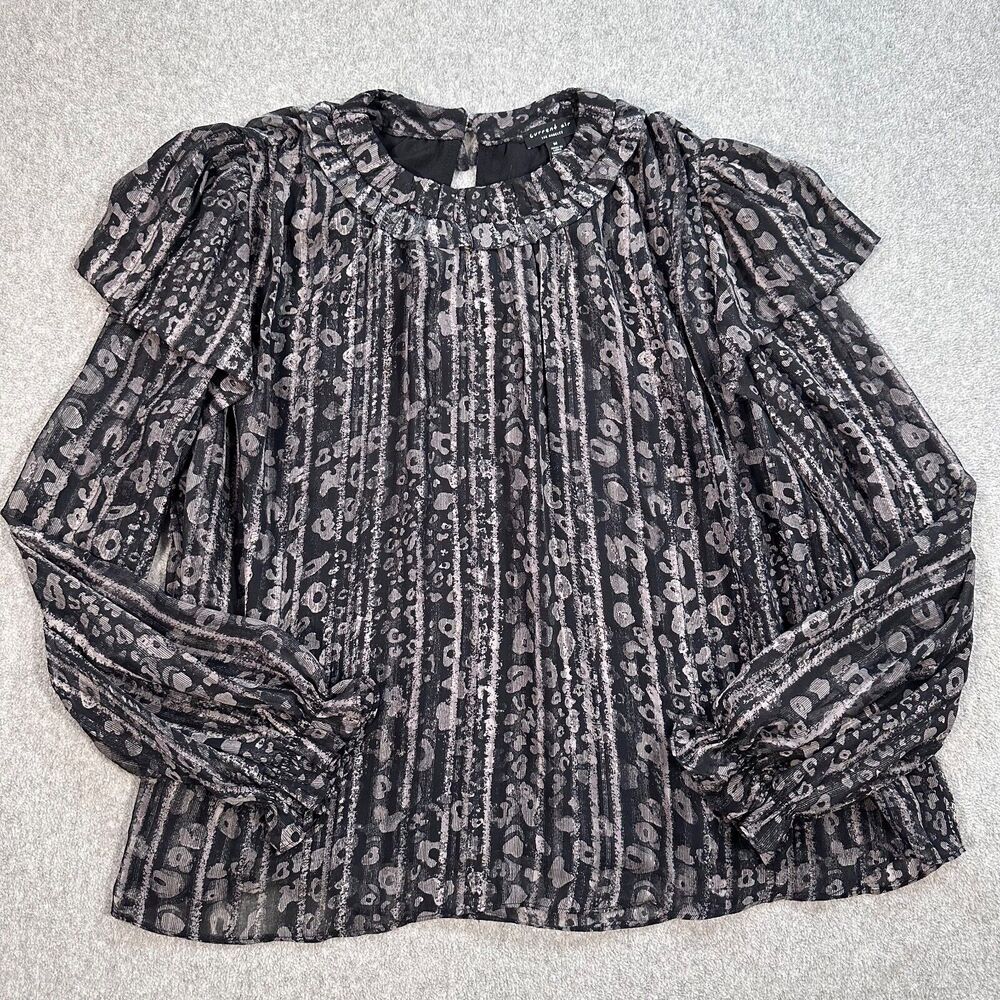 Current Air Los Angeles Ruffle Collar Animal Print Blouse Women's Medium Black